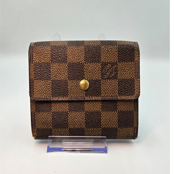 Louis Vuitton Damier Ebene Brown Leather Compact Wallet Card Holder Women's - Picture 1 of 10